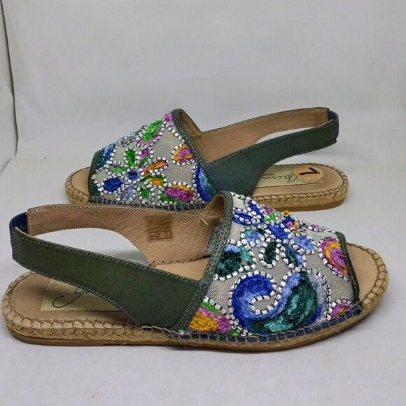 Gaimo Size 7 Open Toe Espadrilles-Embroidered Floral Vamp-Leather Sole & Strap - Picture 2 of 9